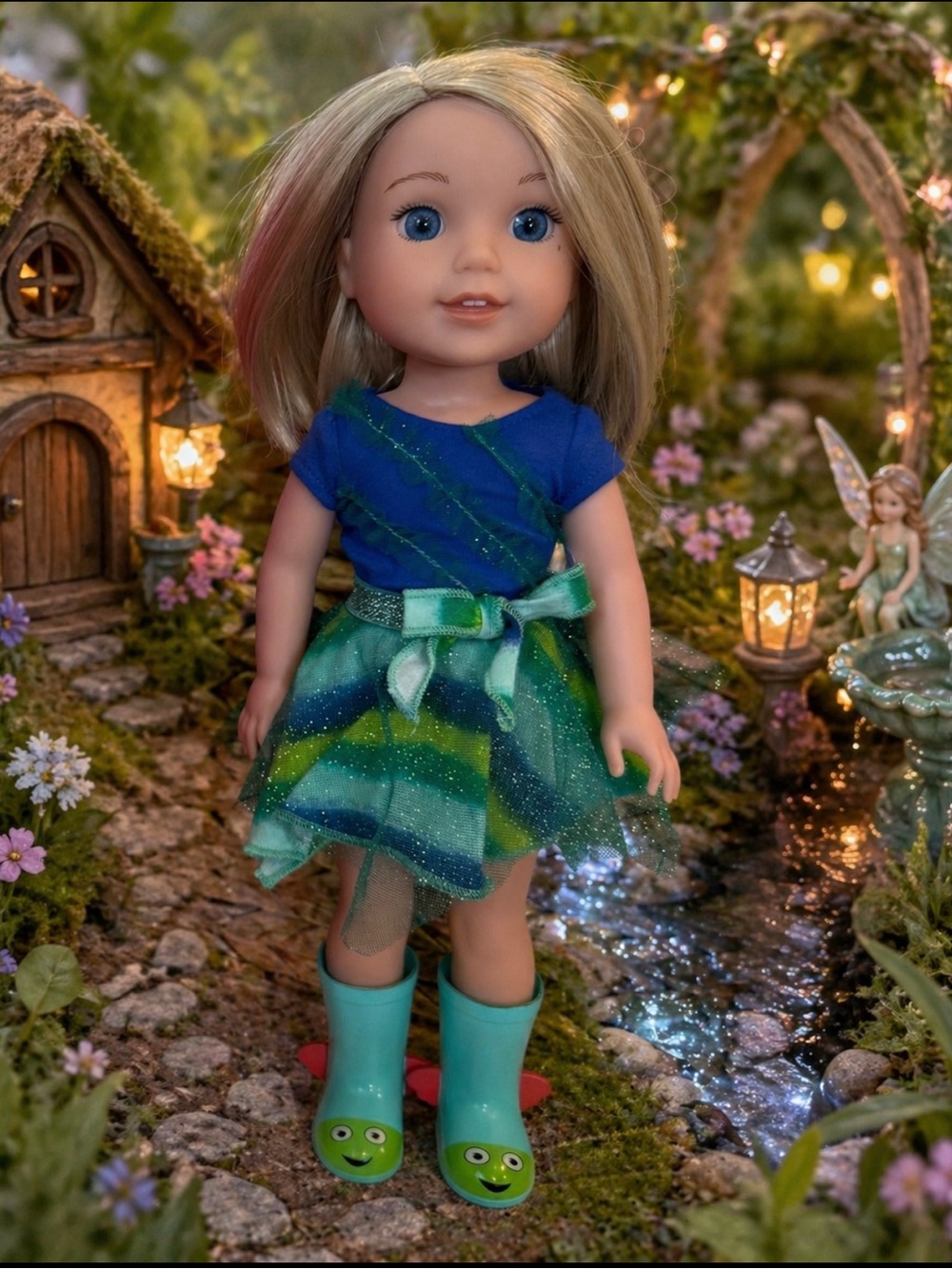 American Girl Blue and Green Sparkle Fairy Dress with Aqua Boots